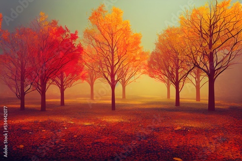 Abstract Autumn landscape scene with a podium background. 3D render. © 2rogan