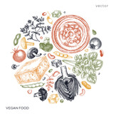 Vegan food sketched card. Healthy food banner template. Middle eastern cuisine illustration. Hand-drawn vegan meals and ingredients for menu, recipe, and packaging design. Vegan food sketches in color