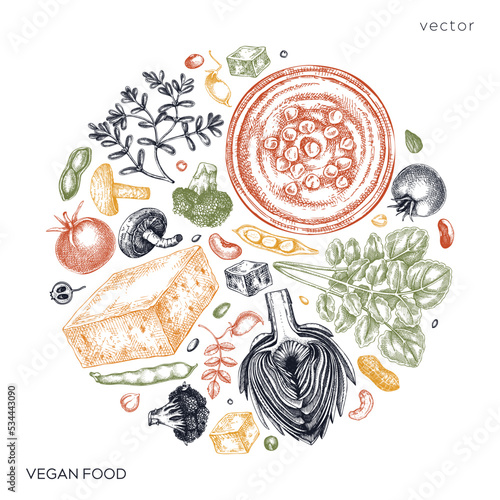 Vegan food sketched card. Healthy food banner template. Middle eastern cuisine illustration. Hand-drawn vegan meals and ingredients for menu, recipe, and packaging design. Vegan food sketches in color
