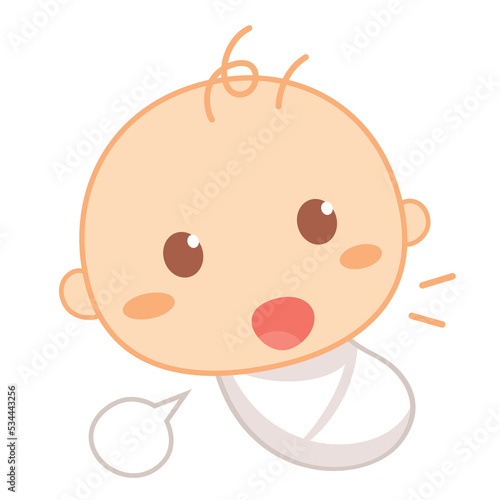 The baby wears a swaddling diaper and is babbling. Cute baby milestone.