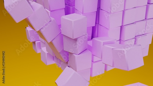 A set of many soft purple cubes that are collapsing under black-orange lighting background. Conceptual 3D CG of blockchain  financial system and personal data analysis.