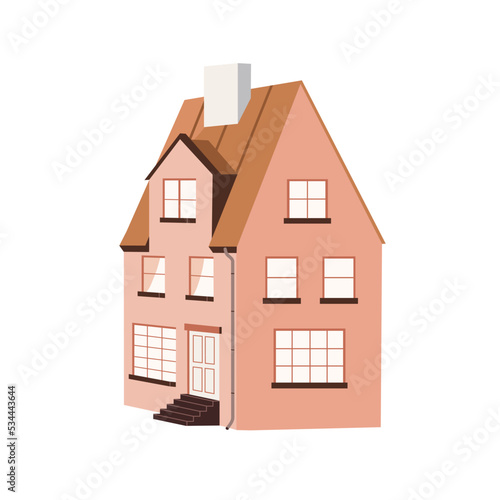 Residential house building. Home facade with windows, door and attic. Dwelling structure, outside view. Living real estate architecture exterior. Flat vector illustration isolated on white background