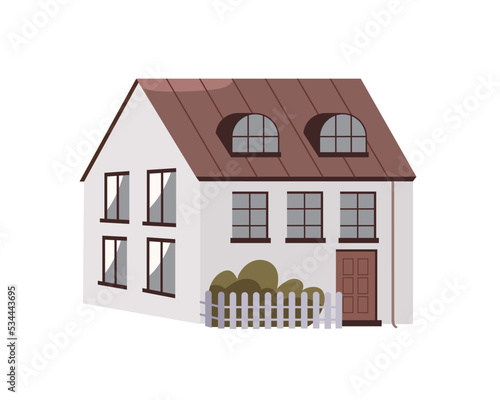 House building facade view. Outside of town dwelling, residential real estate architecture. Urban property exterior with attic, windows, door. Flat vector illustration isolated on white background