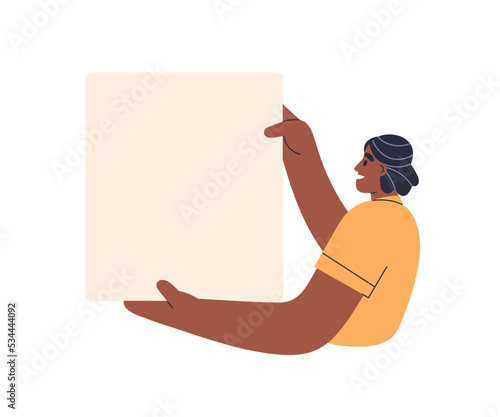Blank sheet of paper, card mock up in hands for presenting, advertising. Young happy African-American man holding, showing, empty placard background. Flat vector illustration isolated on white
