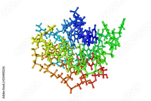 Structure of the human telomeric repeat D (AG3(T2AG3)3) of the G-quadruplex. Molecular model. Rendering based on protein data bank entry 143d. Rainbow coloring from N to C. 3d illustration