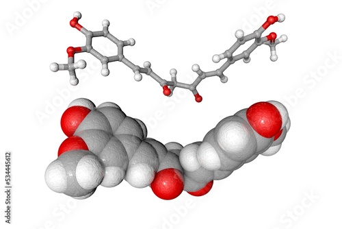 Curcumin or E100. Molecular structure isolated on white background. Atoms are represented as spheres with conventional color coding: carbon (gray), oxygen (red), hydrogen (white). 3d illustration photo