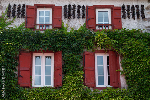 Espelette village au Pays Basque avec ses piments rouges et ses maisons traditionnelles
