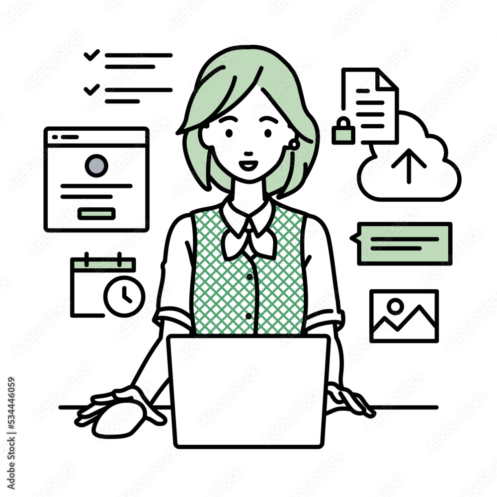 デスクで座ってPCでプロジェクトやタスクの管理の仕事をしている事務員制服の女性