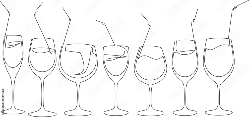 Set of glasses for wine or cocktails with a drinking straw. Continuous line drawing. Vector illustration. Set of glasses for wine or cocktails with a drinking straw. Continuous line drawing. Vector illustration.