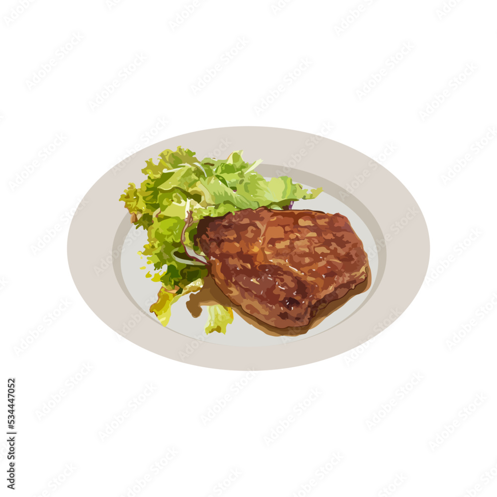 Beef steak with vegetables. Watercolor hand drawn vector illustration, isolated on white background.