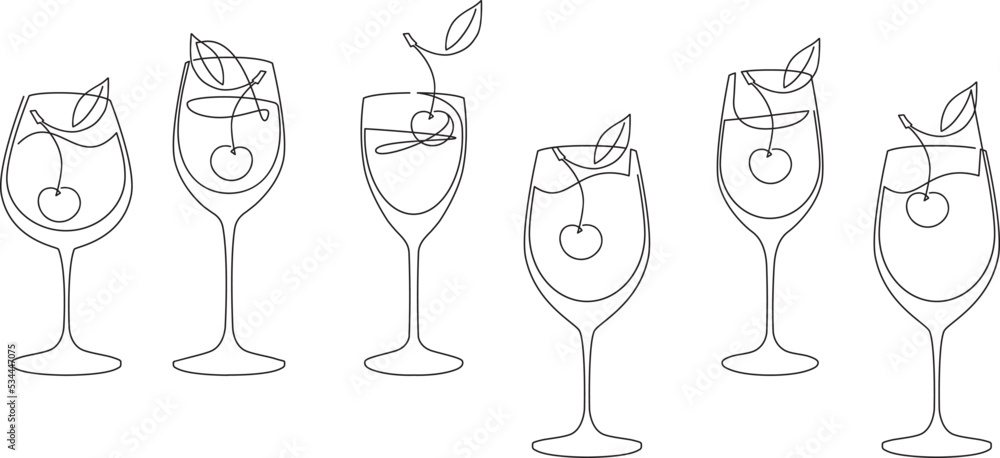 Set of glasses for wine or cocktails with a cherry berry. Continuous line drawing. Vector illustration. Set of glasses for wine or cocktails with a cherry berry. Continuous line drawing. Vector illustration.