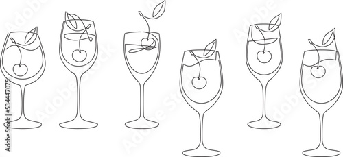 Set of glasses for wine or cocktails with a cherry berry. Continuous line drawing. Vector illustration.