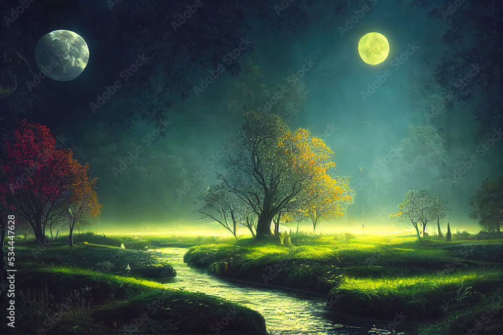 Fantasy and magical enchanted fairy tale landscape with forest, fabulous fairytale mysterious background, glowing moon ray in dark night