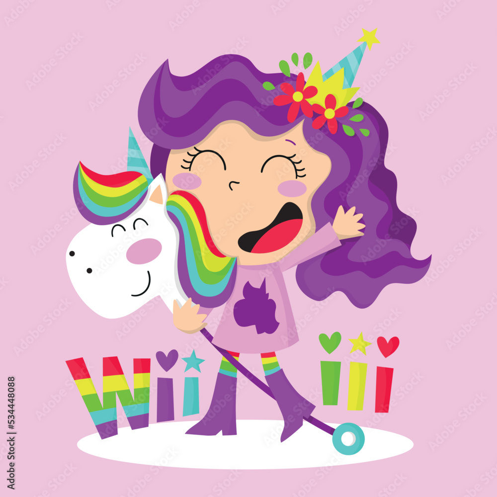 Cute little princess unicorn playing with her unicorn toy and saying Wiii, illustration Cute little princess unicorn playing with her unicorn toy and saying Wiii, illustration