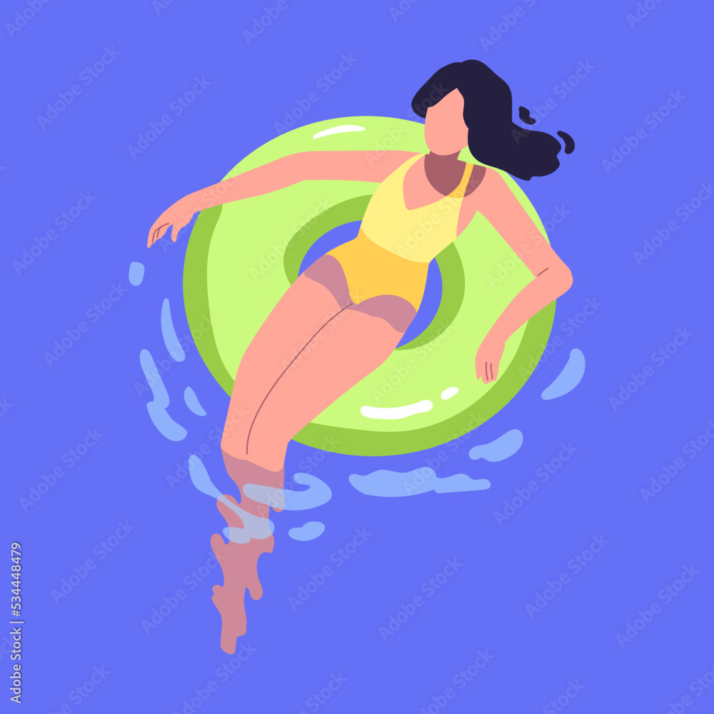 Woman swimming in inflatable ring in water pool. Girl floating, sunbathing, lying on rubber circle in sea on summer holiday, top view. Flat graphic vector illustration isolated on white background