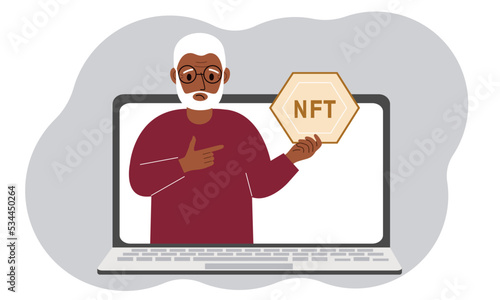 NFT concept. A laptop in which a old man with the image of NFT in the palm of his hand. Auction of non-fungible tokens, markets, online education.