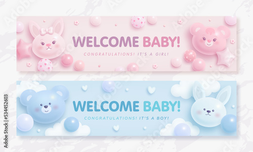 Set of baby shower invitation with cartoon bear, rabbit, helium balloons and clouds on blue and pink background. It's a boy. It's a girl. Vector illustration
