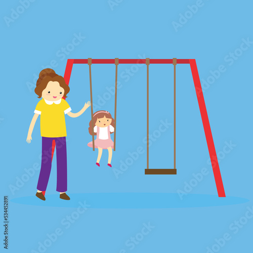 mom rides daughter on a swing