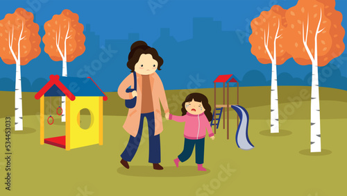 mother takes the crying girl away from the playground