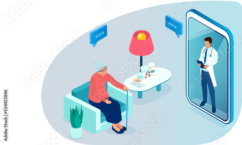 Vector of a doctor consulting a patient online via smartphone app