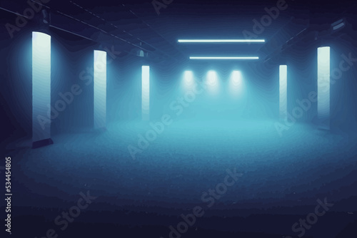 the dark stage shows empty dark blue scene background, product placement