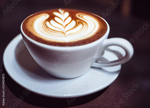 cup of coffee on wooden table. Art illustration. Cappuccino or late or americano. Top view. 3d image