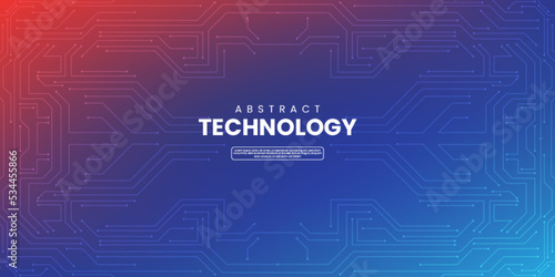 Abstract digital technology concept with circuit lines on orange red blue background