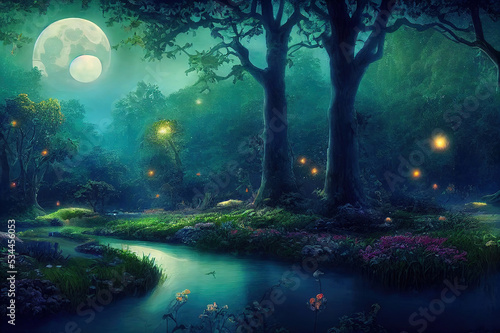 Tablou canvas Fantasy magical enchanted fairy tale landscape with forest lake, fabulous fairytale garden