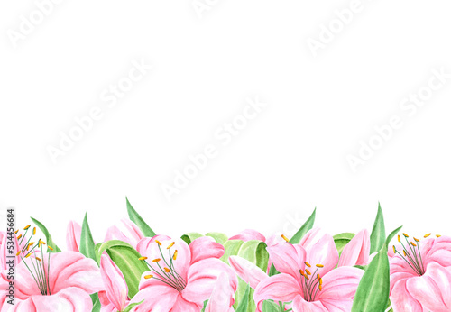 Handdrawn lily flowers frame boarder. Watercolor pink lily no background. Scrapbook design, typography poster, label, banner. © Aleksandra Shvetsova