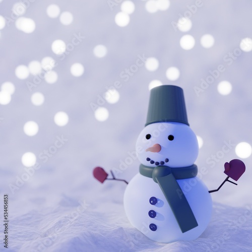 Christmas holiday winter background with snowman wearing green scarf and red gloves and blurred bokeh (3D rendering) © A