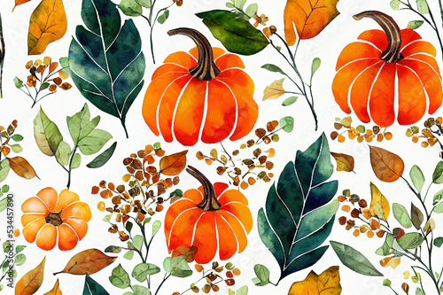 Watercolor autumn seamless pattern with white and orange pumpkin arrangement, fall colorful flowers, leaves, berries. Botanical seamless pattern. Harvest themed design. photo