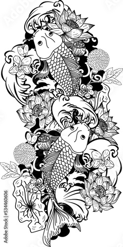 Beautiful line art of gold fish vector illustration.Koi fish for printing on shirt on white isolated background.