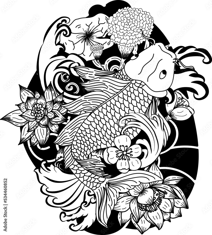 Fototapeta premium Beautiful line art of gold fish vector illustration.Koi fish for printing on shirt on white isolated background.
