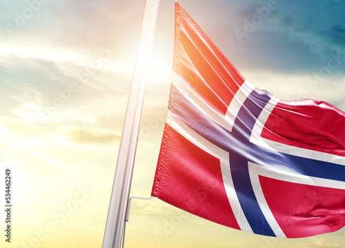 Norway national flag cloth fabric waving on the sky - Image