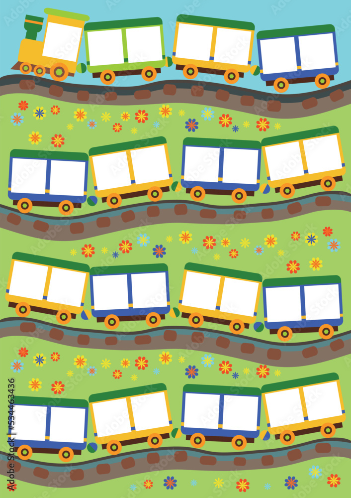 Vector illustration of a toy train, cartoon train, background for greeting  cards, children's album or photo. Portrait format Stock Vector | Adobe Stock