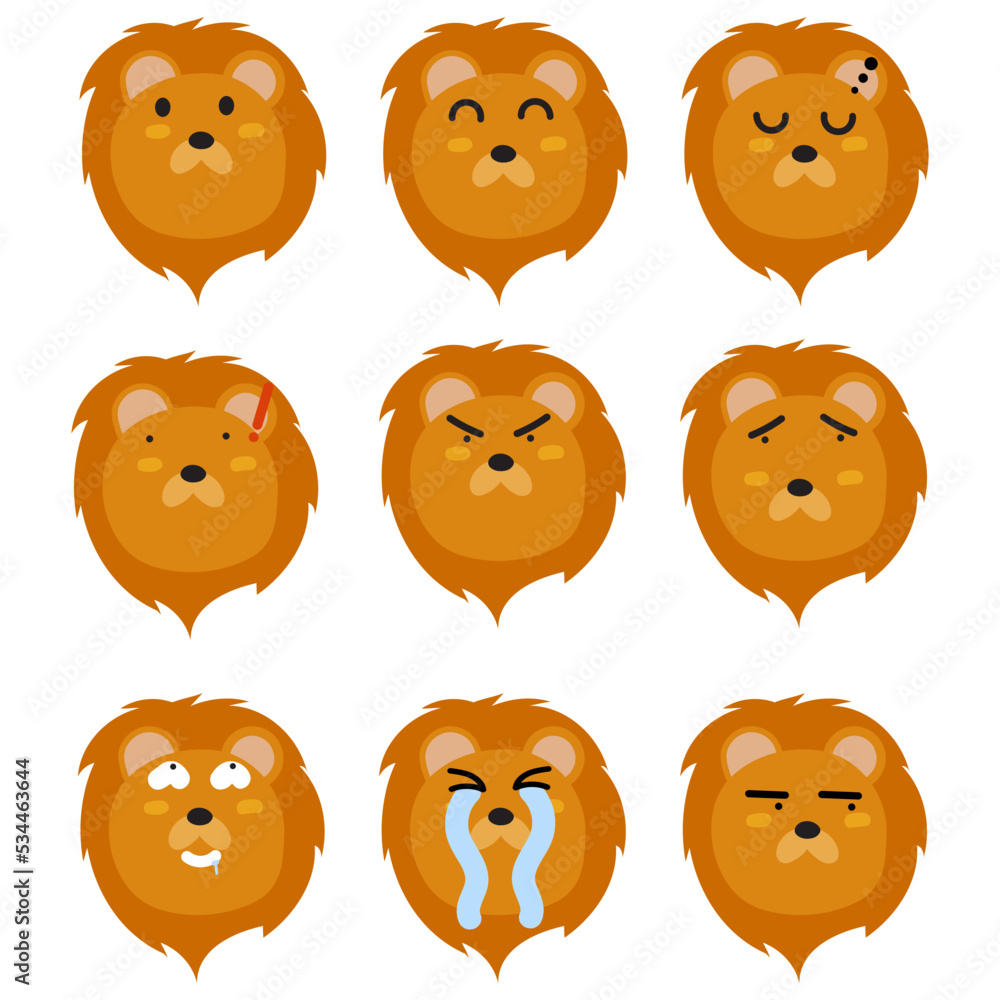Lion face mood. Present of face Still, Smile, Sleep, Angry, Sad, Confused, Obscene, Cry, Glance. Cute Wildlife Animal Character Vector Illustration. Lion face mood. Present of face Still, Smile, Sleep, Angry, Sad, Confused, Obscene, Cry, Glance. Cute Wildlife Animal Character Vector Illustration.