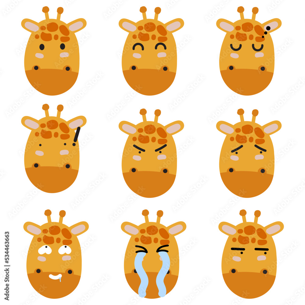Giraffe face mood. Present of face Still, Smile, Sleep, Angry, Sad, Confused, Obscene, Cry, Glance. Cute Wildlife Animal Character Vector Illustration. Giraffe face mood. Present of face Still, Smile, Sleep, Angry, Sad, Confused, Obscene, Cry, Glance. Cute Wildlife Animal Character Vector Illustration.