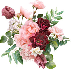 Red and pink flowers isolated on a transparent background. Floral arrangement, bouquet of roses and tulips. Can be used for invitations, greeting, wedding card.