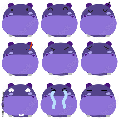 Hippopotamus face mood. Present of face Still, Smile, Sleep, Angry, Sad, Confused, Obscene, Cry, Glance.
Cute Wildlife Animal Character Vector Illustration.