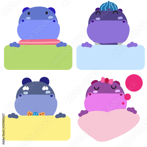 Hippopotamus Face Mood with Banner. Cute Wildlife Animal hang on Tag Vector Illustration.