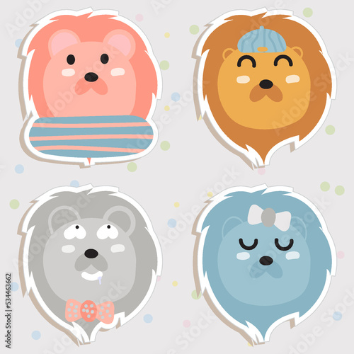 Lion Face Mood Sticker. Cute Wildlife Cartoon Animal hang on Tag Vector Illustration.