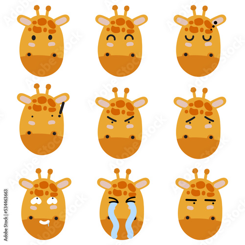 Giraffe face mood. Present of face Still, Smile, Sleep, Angry, Sad, Confused, Obscene, Cry, Glance. Cute Wildlife Animal Character Vector Illustration.