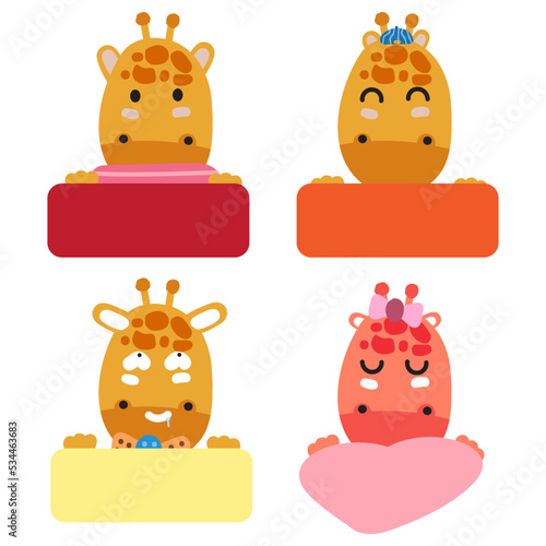 Giraffe Face Mood with Banner. Cute Wildlife Animal hang on Tag Vector Illustration.