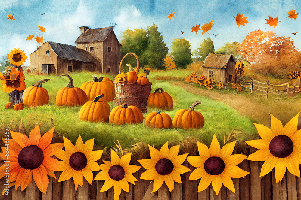 Watercolor farmhouse scarecrow illustration, Autumn harvest scene with
