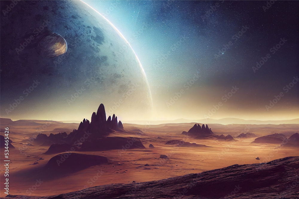 Blue and dark space landscape with planets and starry sky and mountains ...