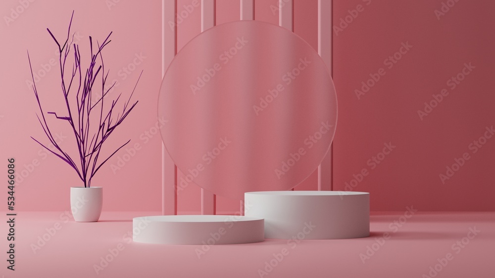 minimal pink backdrop and natural leaf and branch with white pedestal podium mockup, empty platform for product showcase and presentation, 3D Rendering minimal pink backdrop and natural leaf and branch with white pedestal podium mockup, empty platform for product showcase and presentation, 3D Rendering