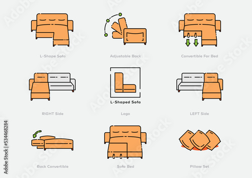 L shape smart sofa icon set