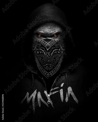 Gorilla wearing a hooded sweatshirt written Mafia ,Gangster style black and whit Fototapet