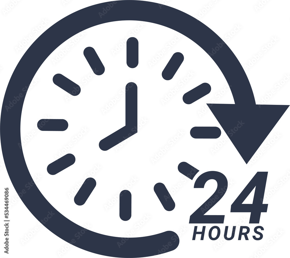 24 hours clock icon with arrow. Symbol work time. Delivery and service