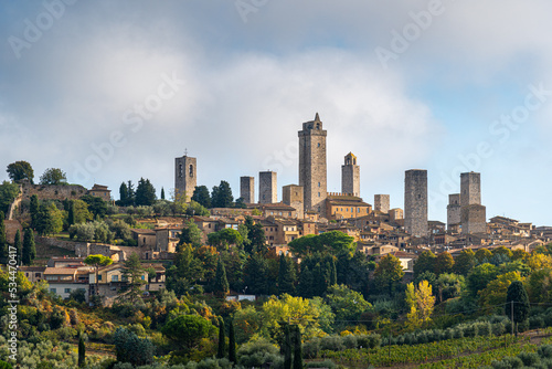 Beautiful view of the medieval town of San Gimignano in the Tuscany hills near Siena in Italy, Europe.